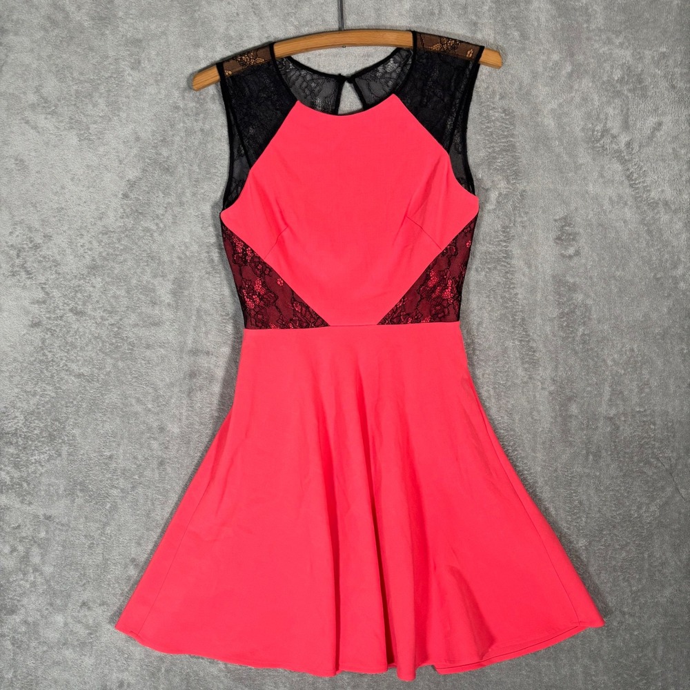 Betsey Johnson Coral Pink Black Lace Fit and Flare Mini Cocktail Dress Size 2